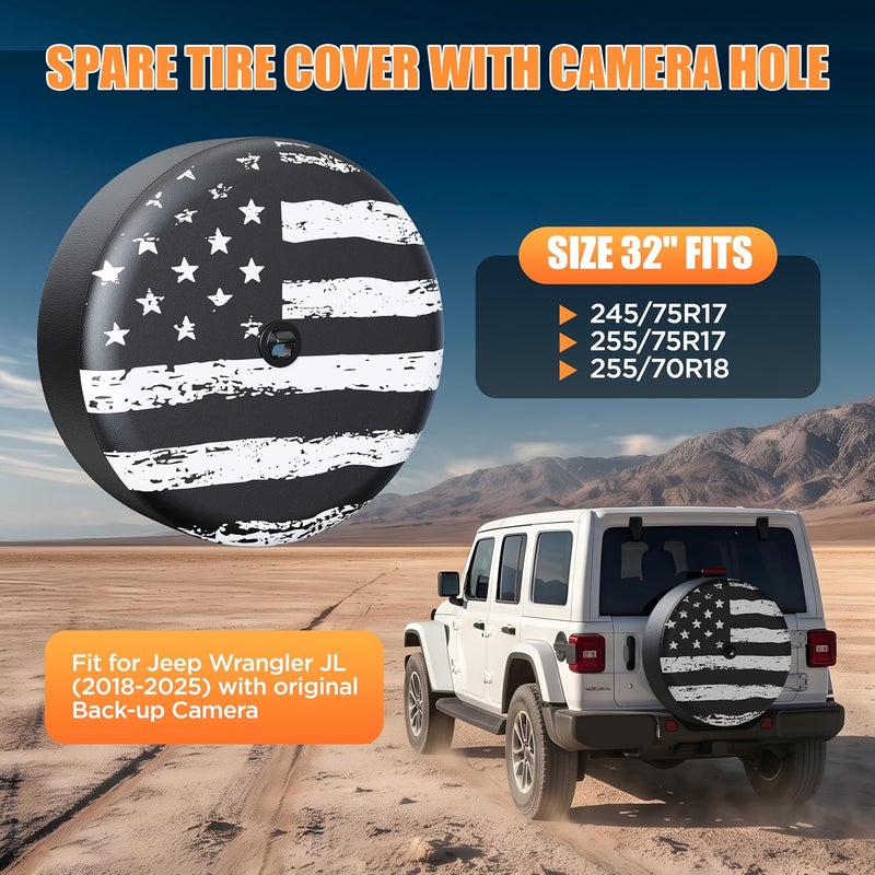 Moonet Tire Cover with Camera Hole, for Jeep Wrangler JL with Back-up Camera, Sport & Sahara (2018-2025) White Flag, Fits 245/75R17, 255/75R17, 255/70R18 - Image 2