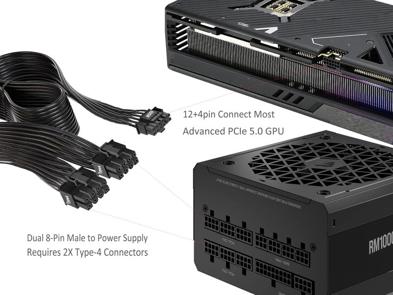 Thsion 12VHPWR PSU Cable, 600W PCIe 5.0 Dual 8-Pin PCIe to 12V-2x6 Connector for Corsair Type-4 PSUs, 16AWG Tinned Copper GPU Power Cable, Fit RTX 5070 5080 5090 RX 7900 9070 - Black - Image 3