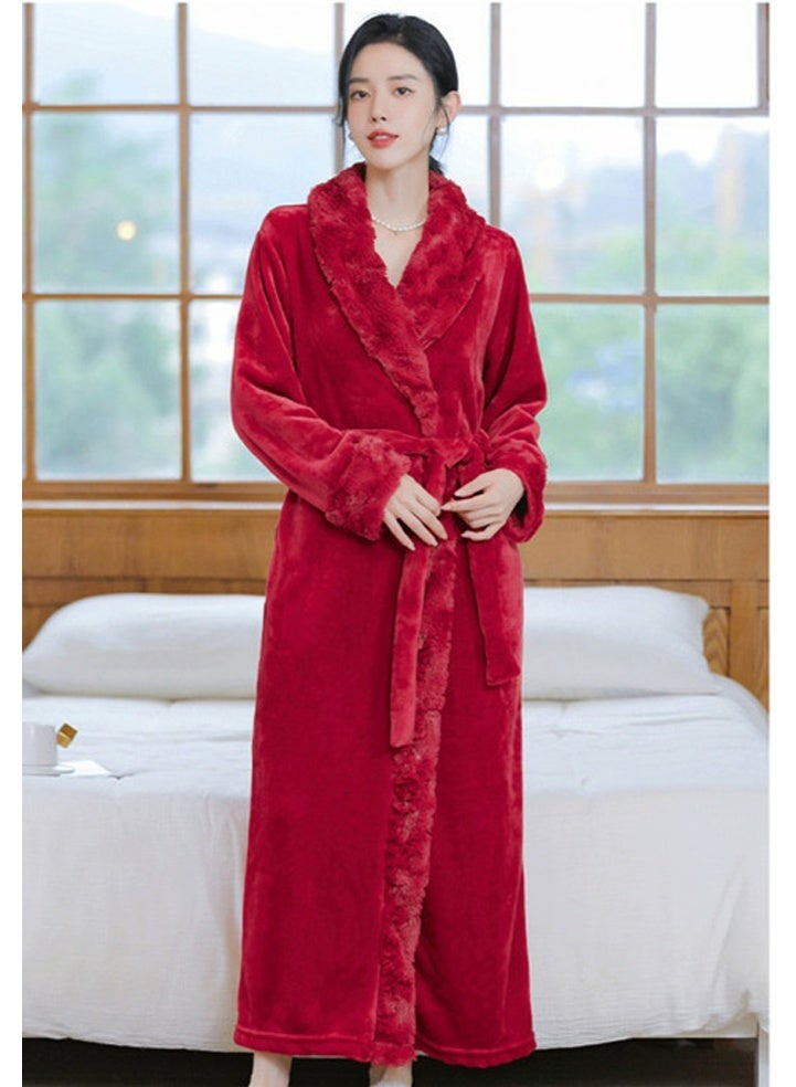 إسكدنيا المرأة طويلة سميكة لابل فستان ليلي فلانيل رداء حمام بيجاما مع الحزام النبيذ الأحمر - Image 1