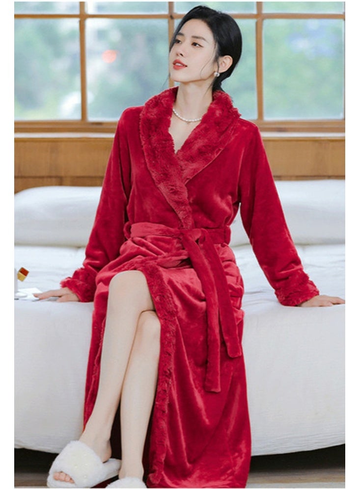 إسكدنيا المرأة طويلة سميكة لابل فستان ليلي فلانيل رداء حمام بيجاما مع الحزام النبيذ الأحمر - Image 2