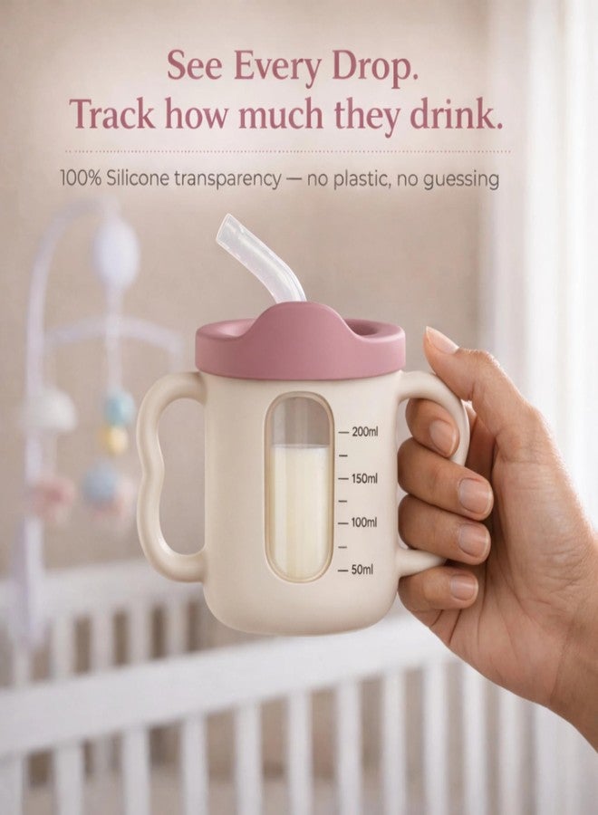 CUBKINS 3-in-1 Silicone Straw Training Cup | Food-Grade, BPA-Free | Transparent Window | 6 Months+ | 200ml Sippy Cup with Lid for Babies & Toddlers | Blue Olive - Image 2