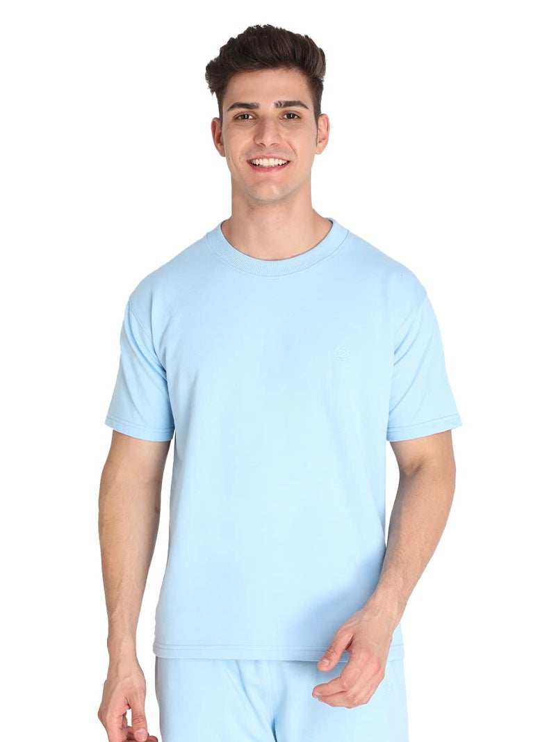 CHKOKKO Men Cotton T Shirt Half Sleeves Crew Neck Casual Summer Wear for Men | Terry Cotton Soft Fabric Solid Color Breathable Tshirt SkyBlue L - Image 1
