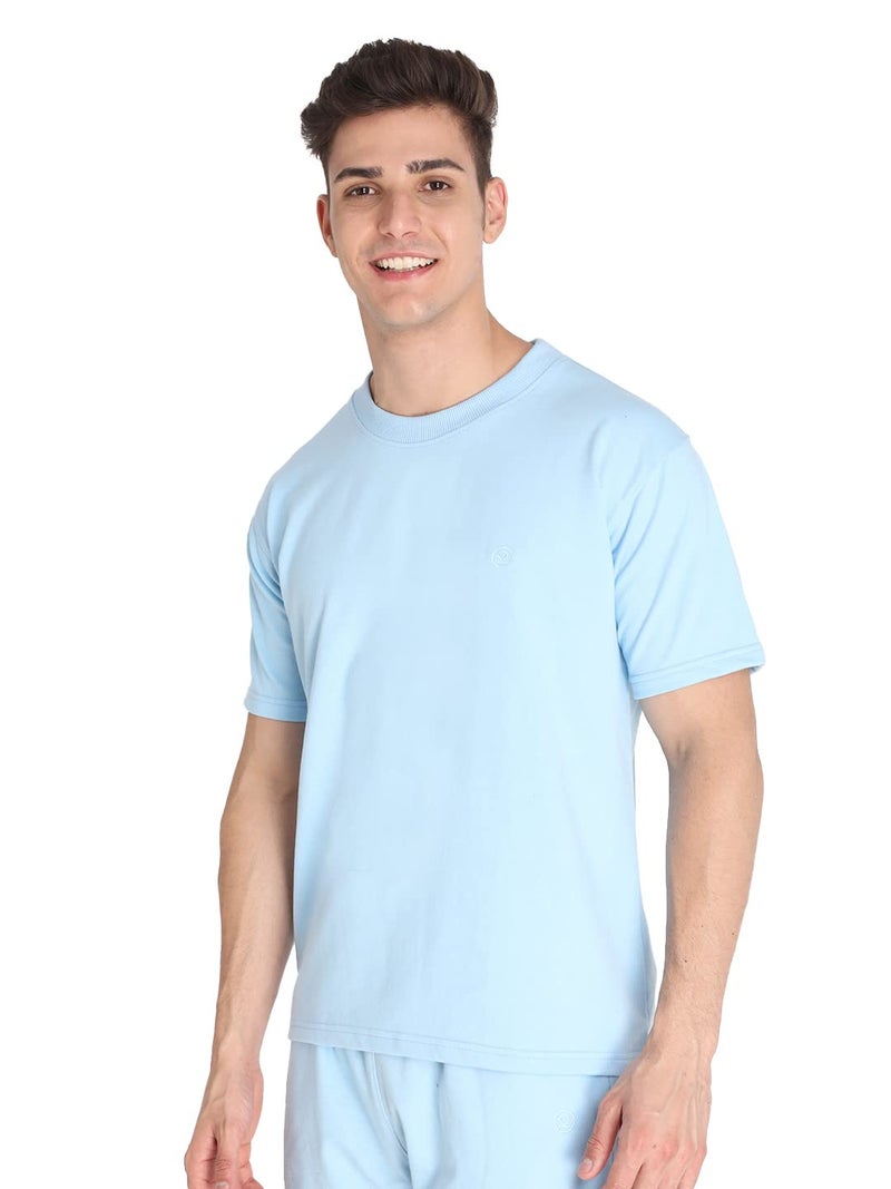 CHKOKKO Men Cotton T Shirt Half Sleeves Crew Neck Casual Summer Wear for Men | Terry Cotton Soft Fabric Solid Color Breathable Tshirt SkyBlue L - Image 5