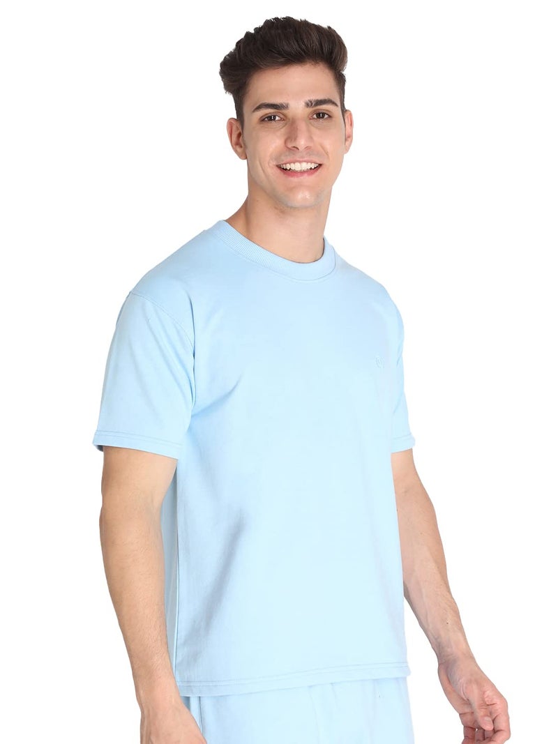 CHKOKKO Men Cotton T Shirt Half Sleeves Crew Neck Casual Summer Wear for Men | Terry Cotton Soft Fabric Solid Color Breathable Tshirt SkyBlue L - Image 4