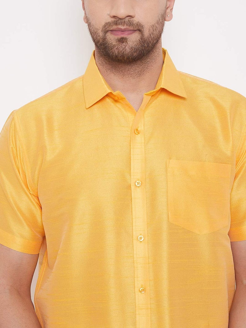 VASTRAMAY VM Mens Silk Blend Yellow Shirt - Effortless Style for Everyday Comfort | Ethnic South Indian Silk Shirt Half Sleeves | Modern Designs and Contemporary Fit_VASMSH001YW_46 - Image 5