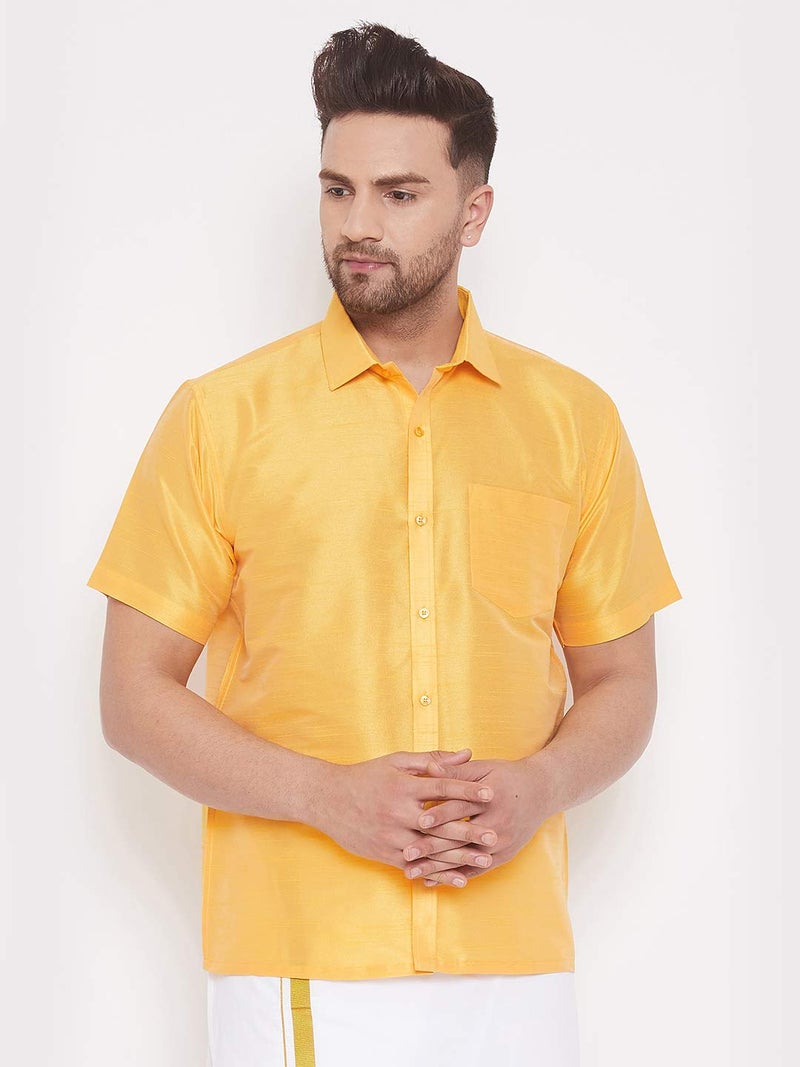 VASTRAMAY VM Mens Silk Blend Yellow Shirt - Effortless Style for Everyday Comfort | Ethnic South Indian Silk Shirt Half Sleeves | Modern Designs and Contemporary Fit_VASMSH001YW_46 - Image 2