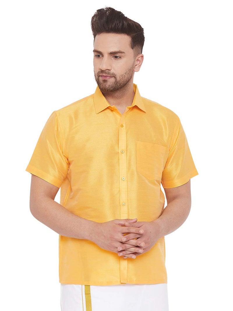 VASTRAMAY VM Mens Silk Blend Yellow Shirt - Effortless Style for Everyday Comfort | Ethnic South Indian Silk Shirt Half Sleeves | Modern Designs and Contemporary Fit_VASMSH001YW_46 - Image 1
