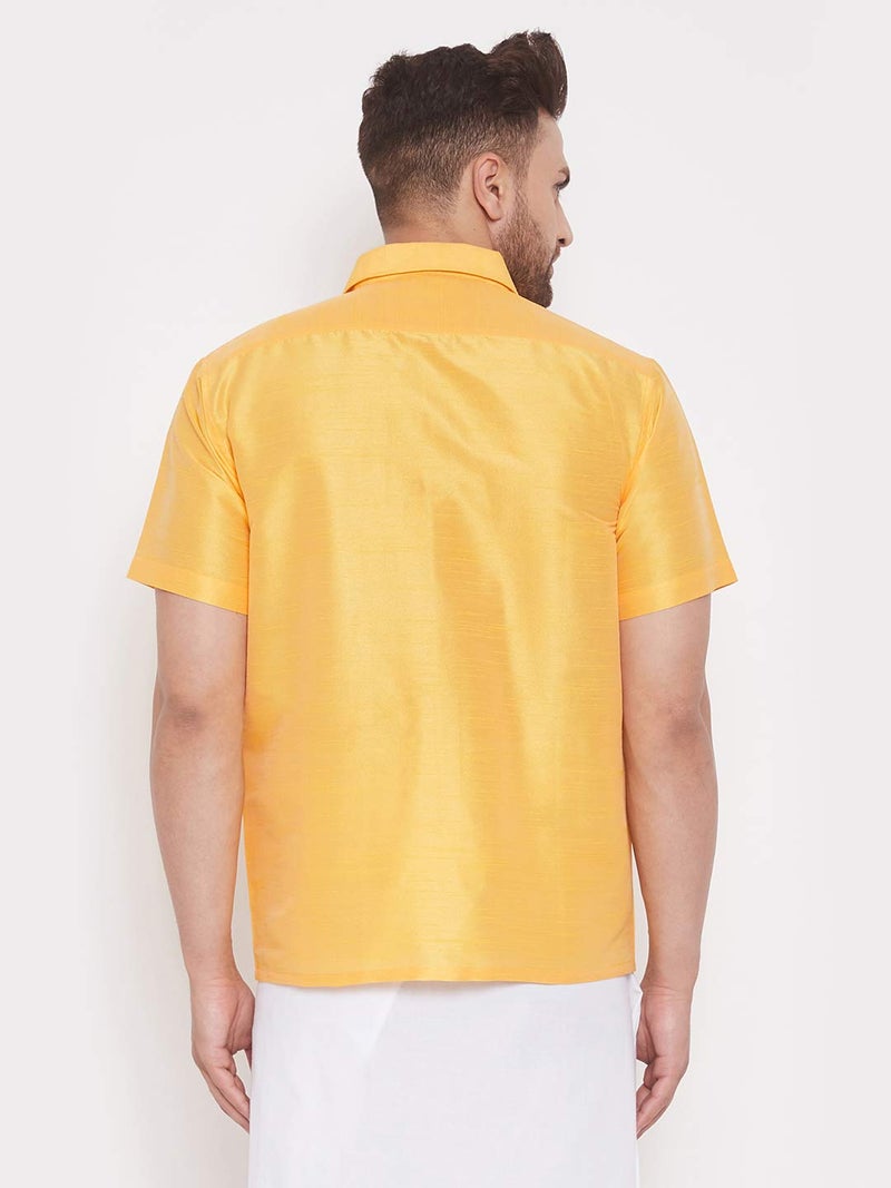 VASTRAMAY VM Mens Silk Blend Yellow Shirt - Effortless Style for Everyday Comfort | Ethnic South Indian Silk Shirt Half Sleeves | Modern Designs and Contemporary Fit_VASMSH001YW_46 - Image 4