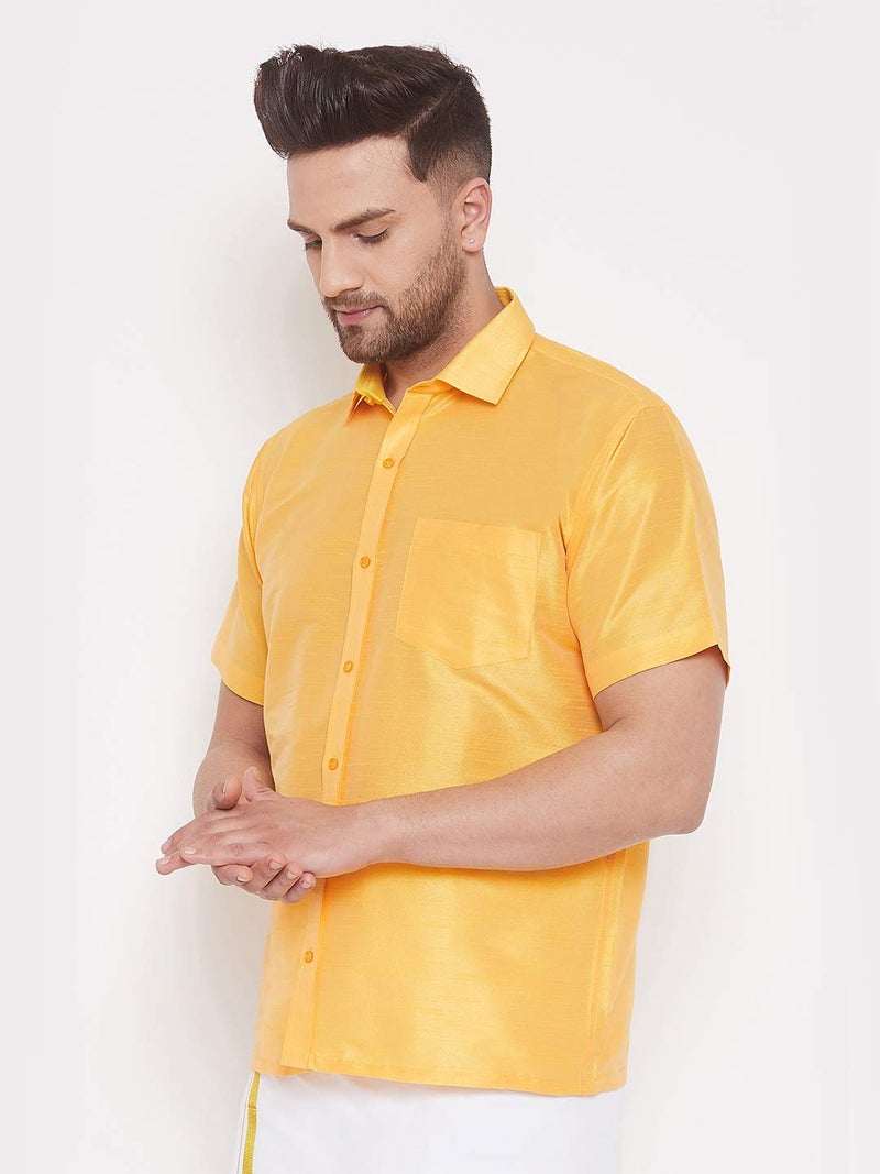 VASTRAMAY VM Mens Silk Blend Yellow Shirt - Effortless Style for Everyday Comfort | Ethnic South Indian Silk Shirt Half Sleeves | Modern Designs and Contemporary Fit_VASMSH001YW_46 - Image 3