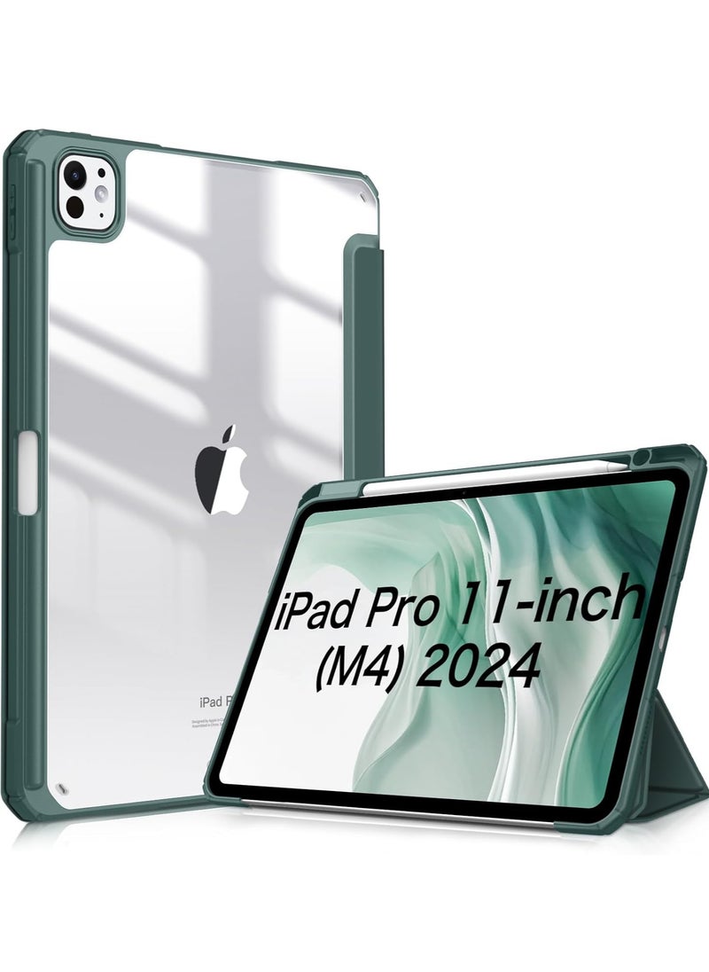 EVO Smart Case for iPad Pro 11 Inch 2024 M4 with Pencil Holder, Clear Back Slim Tri-fold Folio Stand Shell Tablet Cover for iPad Pro 11" 2024 5th Generation -Green 