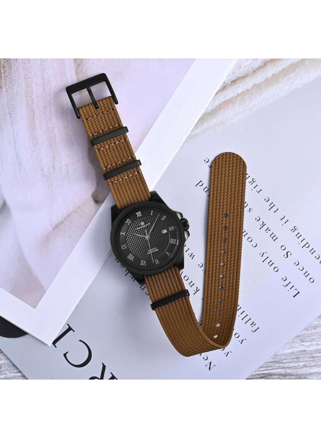 ANNEFIT حزام ساعة نايلون 20 مم، حزام ساعة عسكري مقاوم للماء قطعة واحدة مع مشبك أسود ثقيل (بني) - Image 2