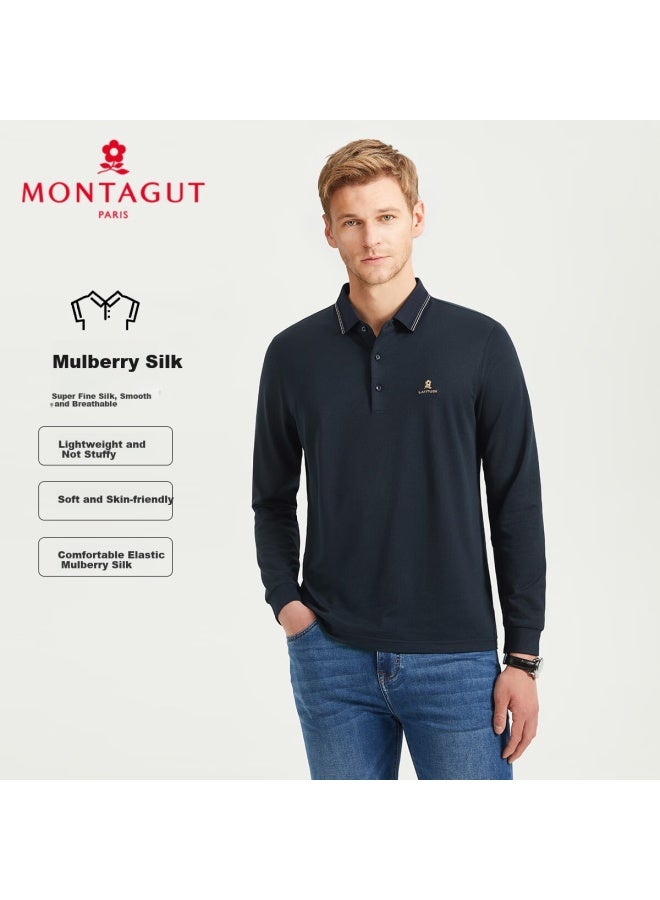 Montagut قميص بولو بأكمام طويلة للرجال من مونتاجوت مع قميص مطرز من حرير التوت، قابل للتنفس، أزرق داكن 56 - Image 1