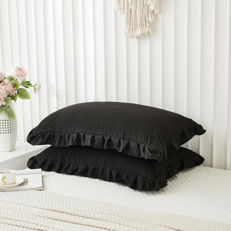 Merryword Black Pillow Shams Standard Pillowcases 20x26inch Black Ruffle Cute Pillow Cover Set of 2 Shabby Chic Soft Microfiber Pillowcases - Image 2