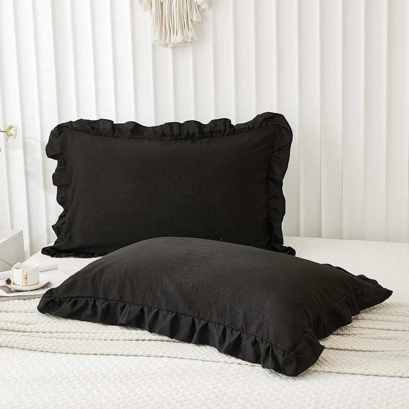 Merryword Black Pillow Shams Standard Pillowcases 20x26inch Black Ruffle Cute Pillow Cover Set of 2 Shabby Chic Soft Microfiber Pillowcases - Image 1
