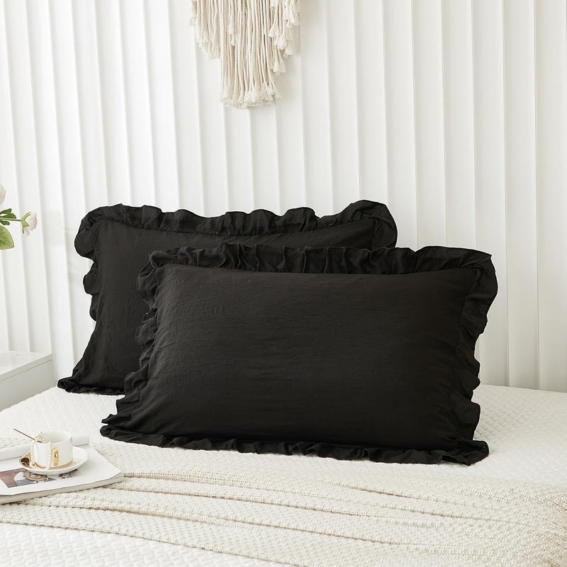 Merryword Black Pillow Shams Standard Pillowcases 20x26inch Black Ruffle Cute Pillow Cover Set of 2 Shabby Chic Soft Microfiber Pillowcases - Image 3