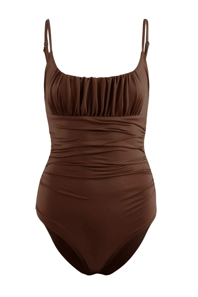 trendyol Brown Square Neck Draped Hipster Swimsuit Tbess25Ma00124 - Image 4
