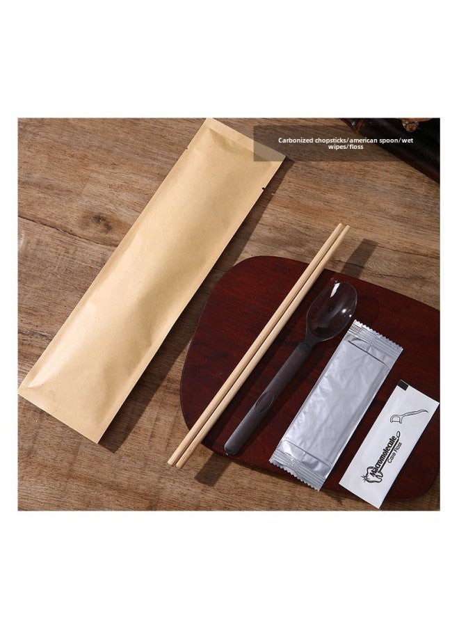 Disposable Tableware Bag High-grade Cowhide Chopsticks Take-out Commercial Four-in-One Meal Bag Disposable Chopsticks Four-piece Set-Color:Carbonized Chopsticks + American Spoon + Wet Wipes + Dental Floss - Image 1