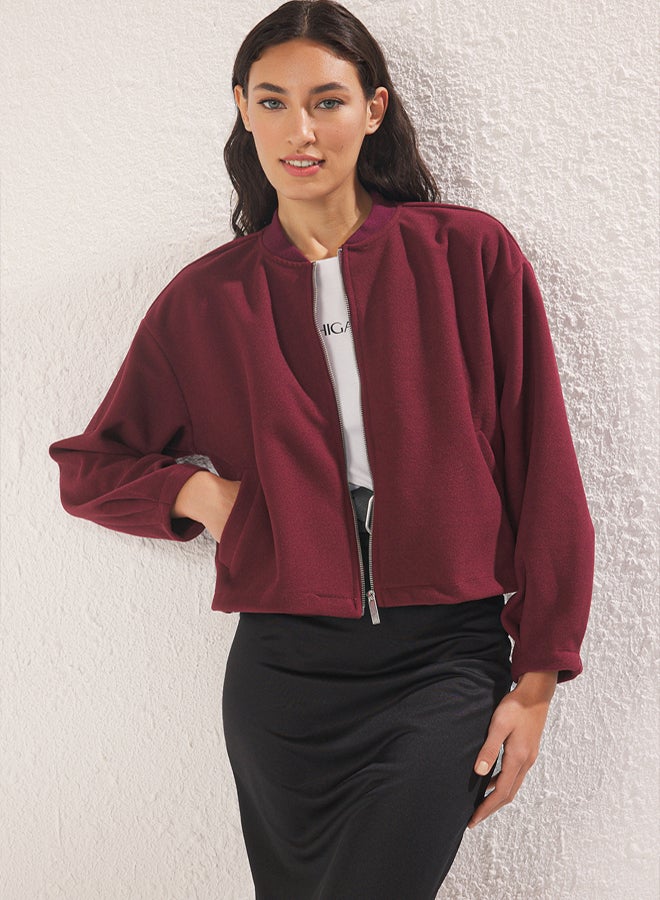 trendyol Claret Red Oversize Cashmere Bomber Jacket Coat - Image 4