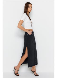 Anthracite High Waist Maxi Denim Skirt With a Slit TWOSS23ET00109