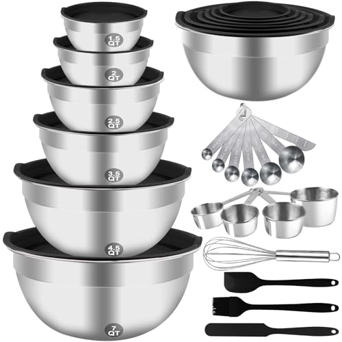 WEPSEN Mixing Bowls Set, 27PCS Stainless Steel Mixing Bowl with Lid Set, Large Nesting Bowls 7, 4.5, 3, 2.5, 2, 1.5QT, Measuring Cups and Spoons Baking Utensils Metal Bowl for Kitchen Prep - Image 1