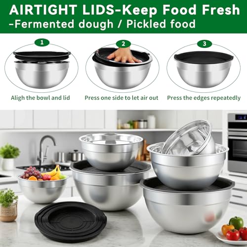 WEPSEN Mixing Bowls Set, 27PCS Stainless Steel Mixing Bowl with Lid Set, Large Nesting Bowls 7, 4.5, 3, 2.5, 2, 1.5QT, Measuring Cups and Spoons Baking Utensils Metal Bowl for Kitchen Prep - Image 4