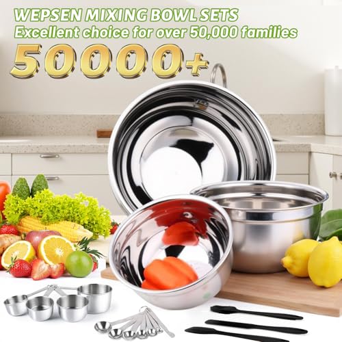 WEPSEN Mixing Bowls Set, 27PCS Stainless Steel Mixing Bowl with Lid Set, Large Nesting Bowls 7, 4.5, 3, 2.5, 2, 1.5QT, Measuring Cups and Spoons Baking Utensils Metal Bowl for Kitchen Prep - Image 2