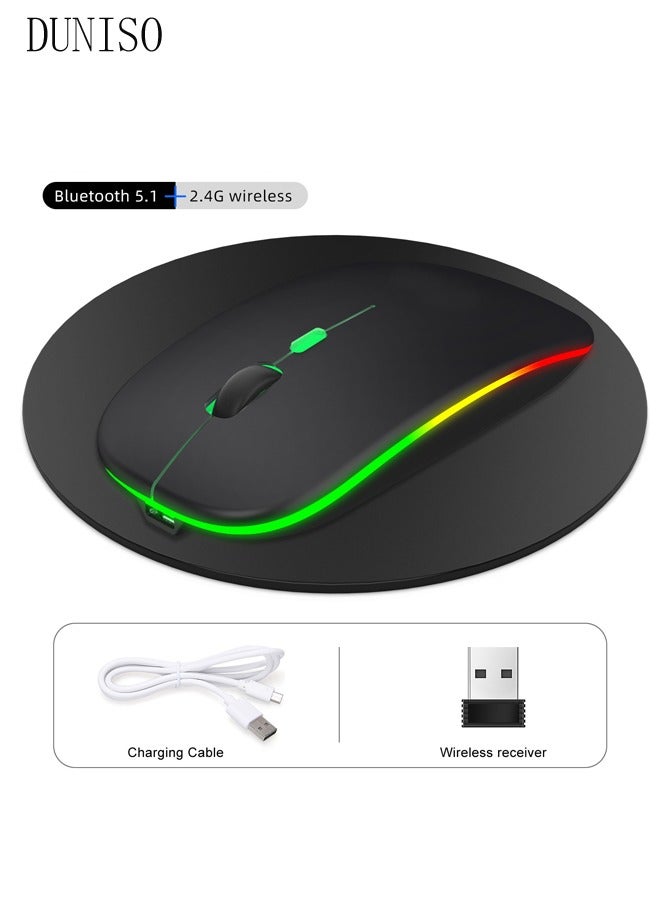 DUNISO 2.4G And Bluetooth Dual-Mode Wireless Mouse,Rechargeable Slim Mouse With RGB，Portable Office Mouse With USB Receiver And Type-c Charge Line,Black - Image 2