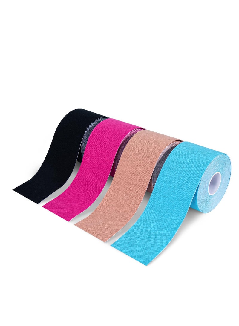 4 لفات مقاومة للماء التنفس شريط حركي، رياضي مرن الركبة العضلات تخفيف آلام الركبة الركبة للرياضة اللياقة البدنية الجري كرة المضرب السباحة (أسود، جلدي، وردي، أزرق فاتح) - Image 1