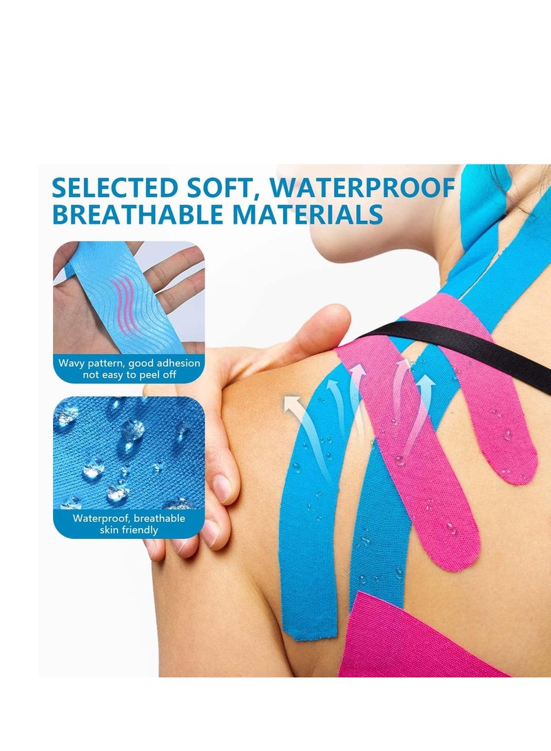 4 لفات مقاومة للماء التنفس شريط حركي، رياضي مرن الركبة العضلات تخفيف آلام الركبة الركبة للرياضة اللياقة البدنية الجري كرة المضرب السباحة (أسود، جلدي، وردي، أزرق فاتح) - Image 2