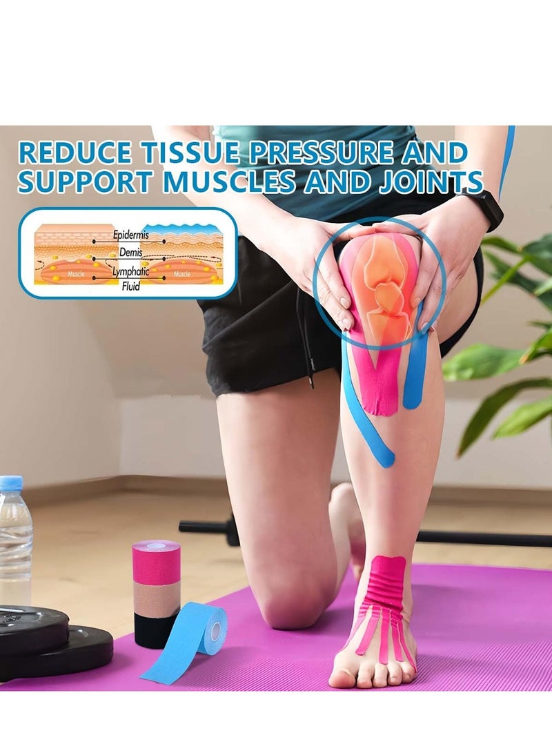 4 لفات مقاومة للماء التنفس شريط حركي، رياضي مرن الركبة العضلات تخفيف آلام الركبة الركبة للرياضة اللياقة البدنية الجري كرة المضرب السباحة (أسود، جلدي، وردي، أزرق فاتح) - Image 3