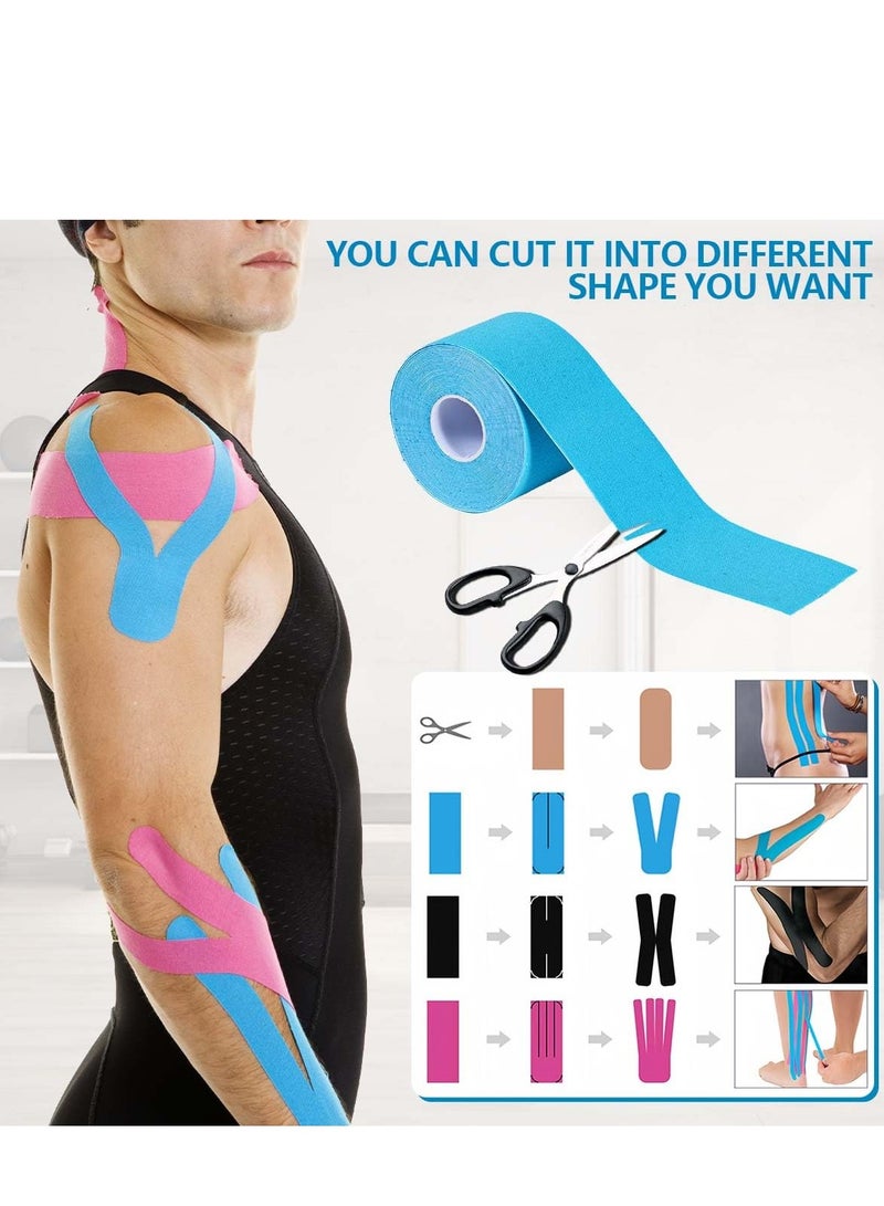 4 لفات مقاومة للماء التنفس شريط حركي، رياضي مرن الركبة العضلات تخفيف آلام الركبة الركبة للرياضة اللياقة البدنية الجري كرة المضرب السباحة (أسود، جلدي، وردي، أزرق فاتح) - Image 4