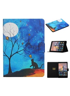 Case Cover For Amazon Kindle Fire HD8 2020 Colored Drawing Pattern Horizontal Flip Leather Case with Holder & Card Slots & Sleep / Wake-up Function Moonlight Cat