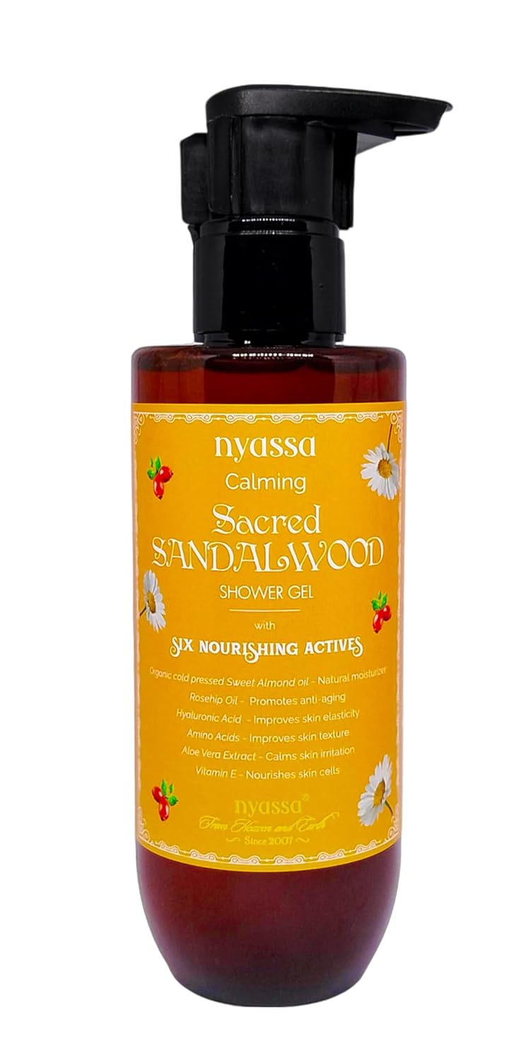 Nyassa Calming Sacred Sandalwood Shower Gel With 6 Nourishing Actives 210ml Natural Woody fragrance Body Wash 100 Vegan and No Paraben Sulphate Cruelty Free Premium Long Lasting Fragrance 210 ml - Image 1