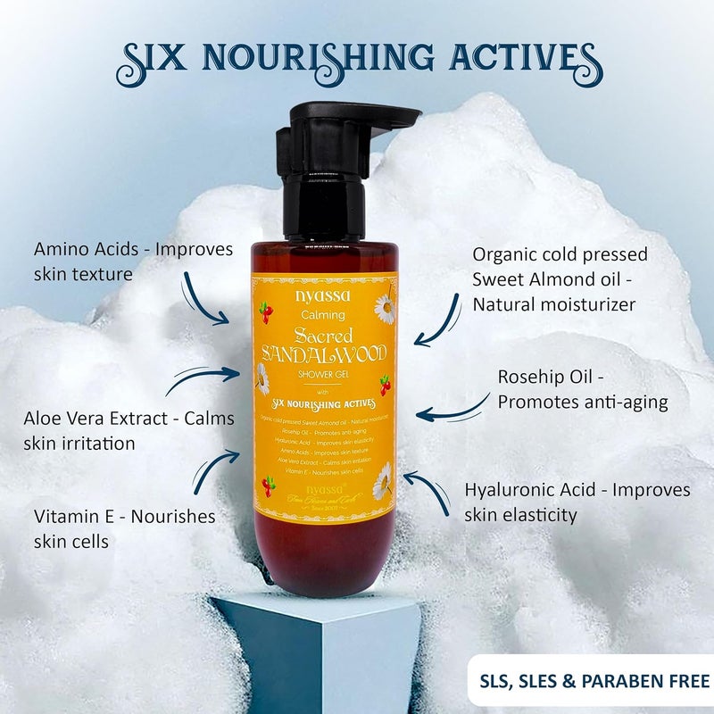 Nyassa Calming Sacred Sandalwood Shower Gel With 6 Nourishing Actives 210ml Natural Woody fragrance Body Wash 100 Vegan and No Paraben Sulphate Cruelty Free Premium Long Lasting Fragrance 210 ml - Image 4