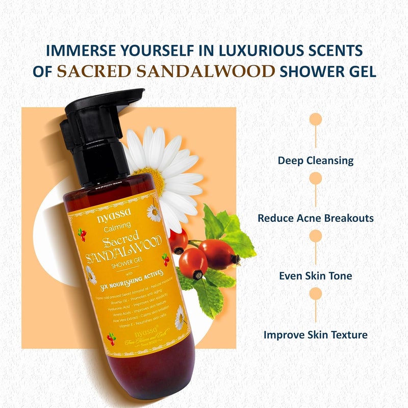 Nyassa Calming Sacred Sandalwood Shower Gel With 6 Nourishing Actives 210ml Natural Woody fragrance Body Wash 100 Vegan and No Paraben Sulphate Cruelty Free Premium Long Lasting Fragrance 210 ml - Image 3