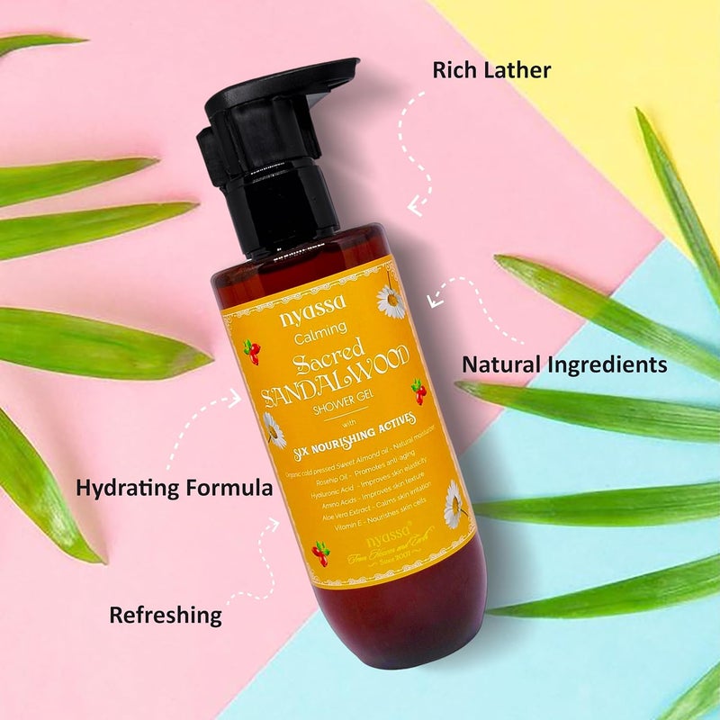 Nyassa Calming Sacred Sandalwood Shower Gel With 6 Nourishing Actives 210ml Natural Woody fragrance Body Wash 100 Vegan and No Paraben Sulphate Cruelty Free Premium Long Lasting Fragrance 210 ml - Image 2