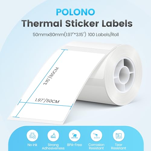 POLONO Thermal Labels for PM220S Label Maker, 1.97"x3.15" (50x80mm), Multi-Purpose Thermal Sticker Label Tape, Self-Adhesive Thermal Paper for Home, Office, 100 Labels/1Roll, White - Image 2