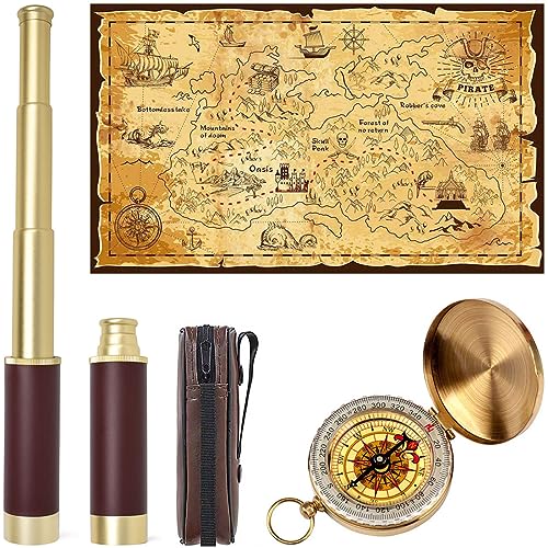 Aubric Pirate Spyglass Telescope Treasure Map Pocket Compass Kids Toys Set Handheld Collapsible 25x30 Zoomable Monocular Polyester Fabric Huge Map  Golden Compass Boys Gift for Pirate Lovers - Image 1