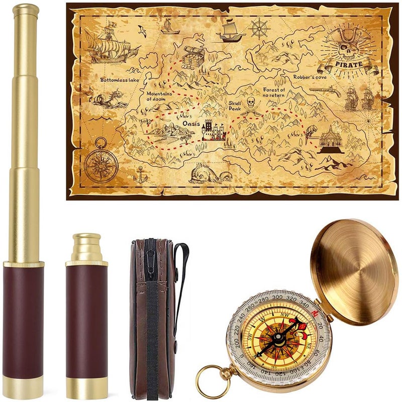 Aubric Pirate Spyglass Telescope Treasure Map Pocket Compass Kids Toys Set Handheld Collapsible 25x30 Zoomable Monocular Polyester Fabric Huge Map  Golden Compass Boys Gift for Pirate Lovers - Image 2