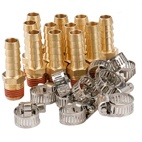 WHK 12 PACK Air Hose Repair Kit Fittings 3/8 Barb to 1/4 NPT Air Hose Barb Connectors with Sealant Air Line Coupler, Brass Pipe Fittings Male Threaded with 12 Pcs Hose Clamp… - Image 1