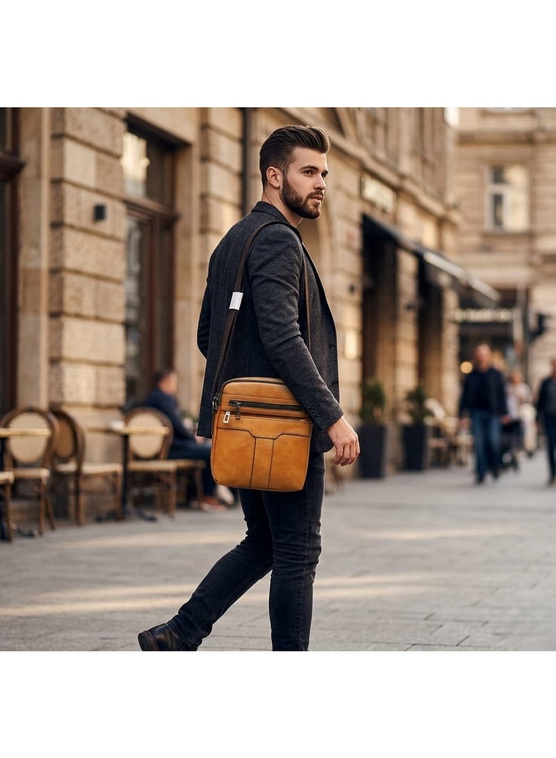 Luxury leather crossbody bag with multiple pockets and a front zipper. A practical shoulder bag for everyday essentials with a sophisticated casual design and an adjustable strap. 1-9306095 Havana - Image 1
