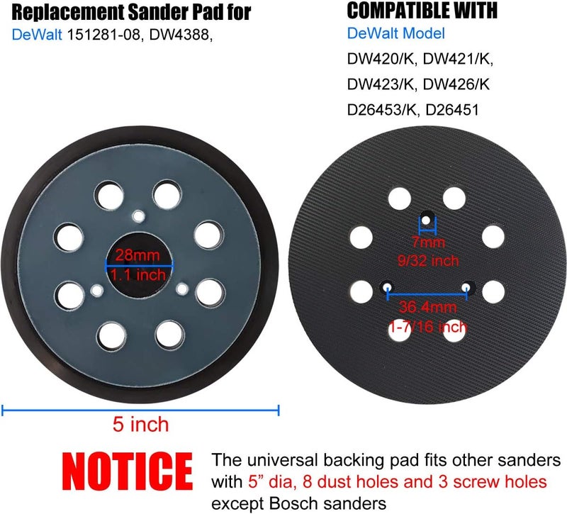 Tockrop 5 Inch 8 Hole Replacement Sander Pad for DeWalt Sander - 5" Hook & Loop Sanding Backing Pad for DW420/K, DW421/K, DW423/K, DW426/K, D26453/K, D26451 Orbital Sander - Image 2