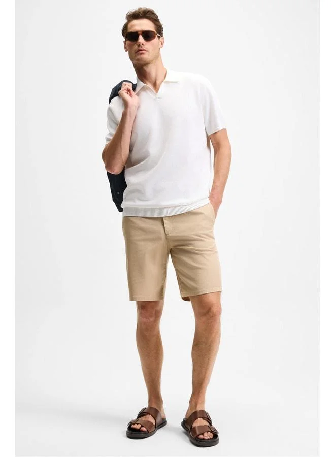 Grimelange TEEMO Men's Side Pocket Zippered Stretch Slim Fit Beige Shorts.