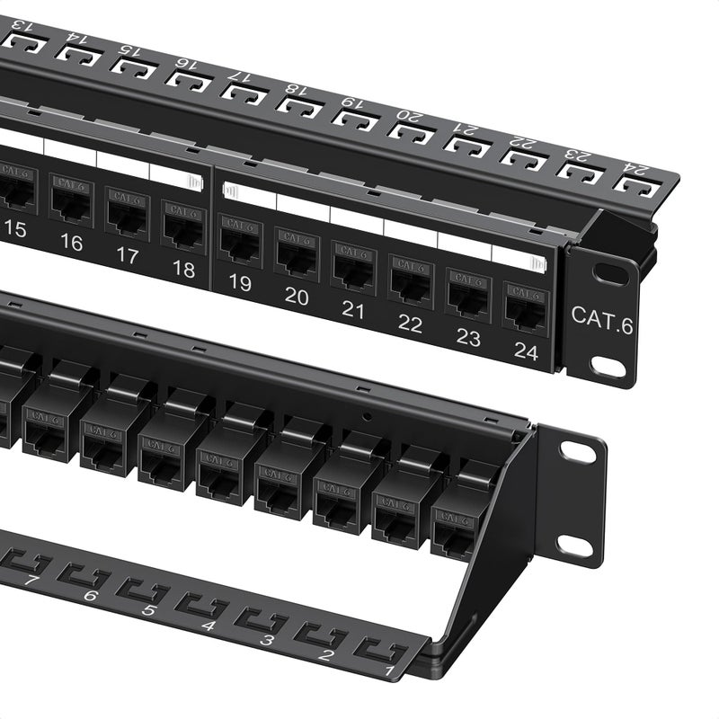 Cable Matters 1U 19-Inch 24-Port 10Gbps Cat6 Ethernet Patch Panel with Inline Keystone and Cable Management Bar, Rackmount or Wall Mount Network Patch Panel - Image 1
