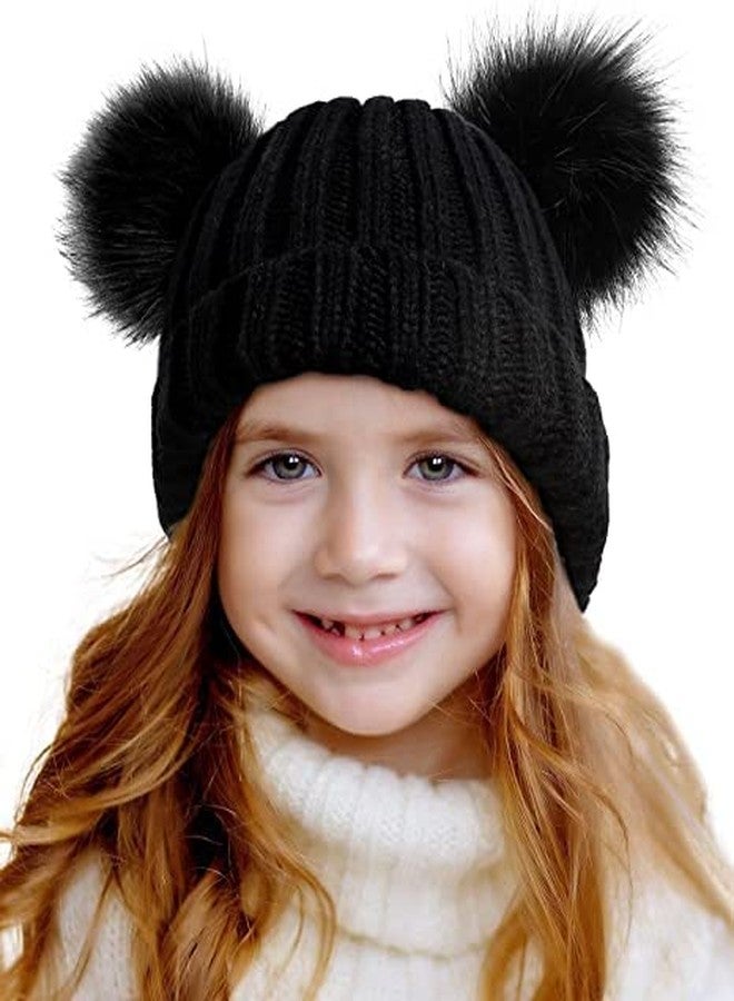 VINSON Toddler Double Pom Pom Beanie Baby Girl Winter hat Warm Soft Toddler Cap Cute Kids Knitted Beanie for Baby Boys (Pack of 1) (7-12Years)(Black) - Image 1