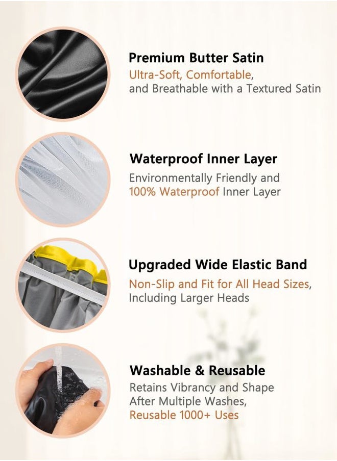 mikimini Extra Large Black Shower Caps Pack of 2 for Women and Men Thick Long Hair Braids, Reusable Waterproof Double Layers XL Bathing Hair Cap with Vibrant Yellow Edge (Black)  - Image 4
