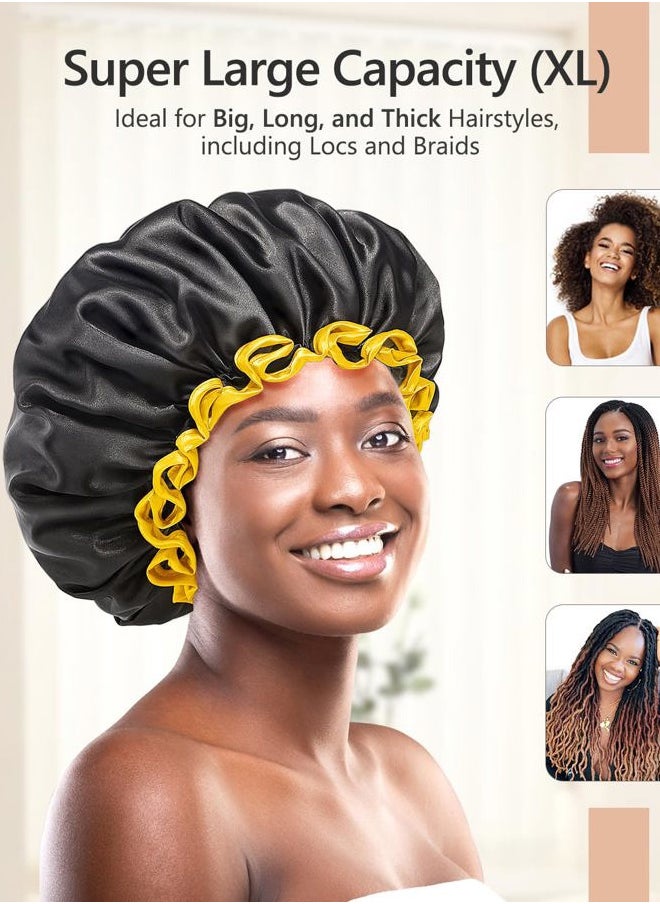 mikimini Extra Large Black Shower Caps Pack of 2 for Women and Men Thick Long Hair Braids, Reusable Waterproof Double Layers XL Bathing Hair Cap with Vibrant Yellow Edge (Black)  - Image 2