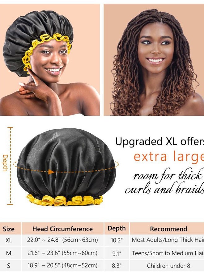 mikimini Extra Large Black Shower Caps Pack of 2 for Women and Men Thick Long Hair Braids, Reusable Waterproof Double Layers XL Bathing Hair Cap with Vibrant Yellow Edge (Black)  - Image 3