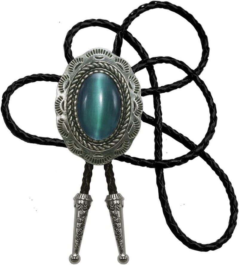 Moranse Bolo Tie With Emerald Blue and Black or More Colors Stone Celtic Style Genuine and Cowhide Rope - Image 1