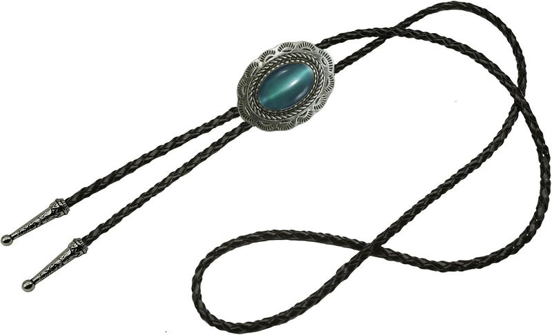 Moranse Bolo Tie With Emerald Blue and Black or More Colors Stone Celtic Style Genuine and Cowhide Rope - Image 2